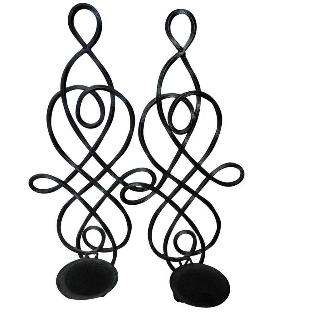 Black Metal Wrought Iron Scroll Wall Sconce Set Pillar Candle Holder Pair 15